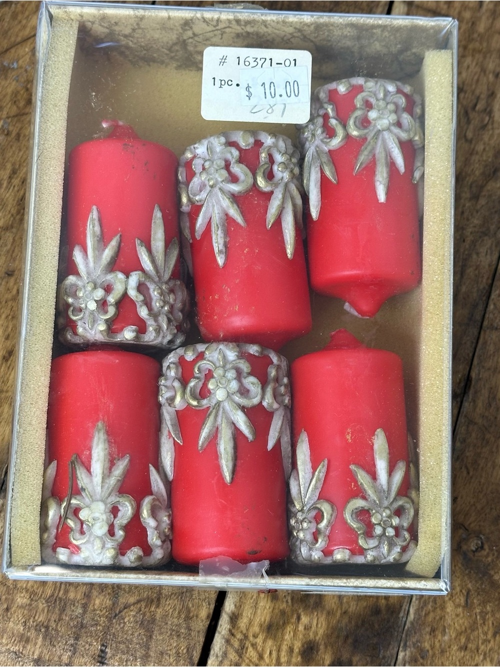 Vintage German Red Decorative Pillar Candles with Silver Accents Set of 6